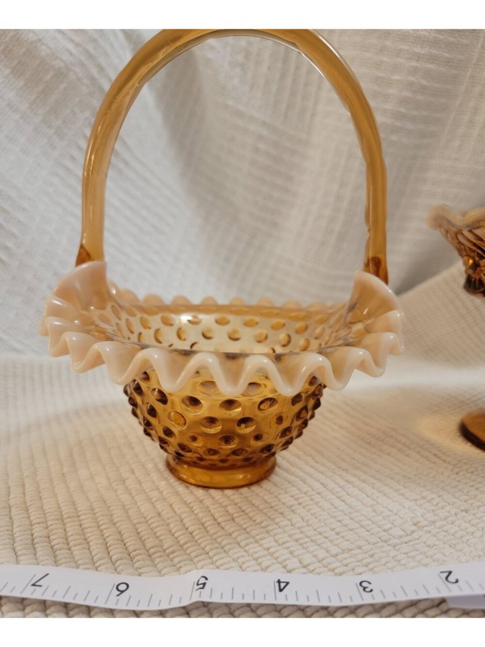 Amber Hobnail Glass Basket With Ruffled Edge And Handle - Antique Decorative Gla